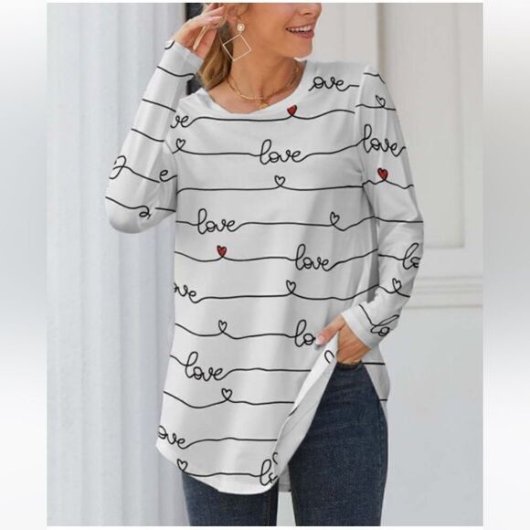 PixieLady NWT White & Black 'Love' Stripes Long-Sleeve Crewneck Tunic Sz L - Picture 1 of 6